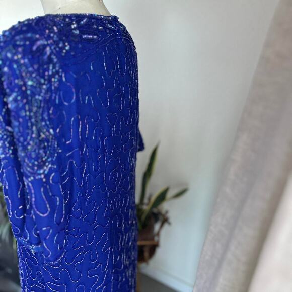 Silky Nites New York Women’s 1X Dress Royal Blue Silk Beaded Sequin Glam 80s - Picture 4 of 4